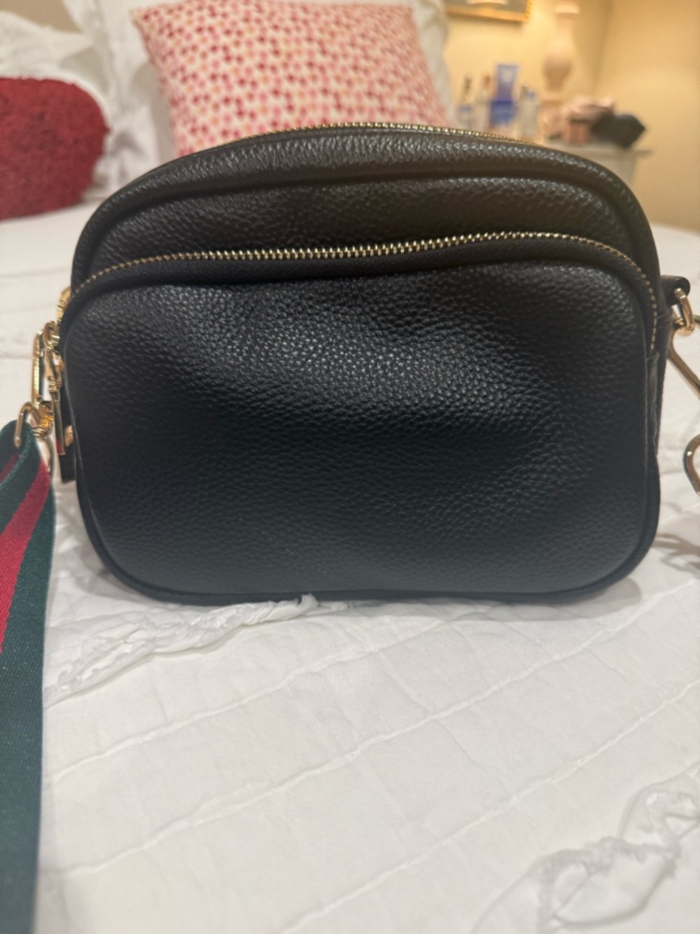 Pompom London Black Pebble Leather Crossbody Bag with Green-Red Strap